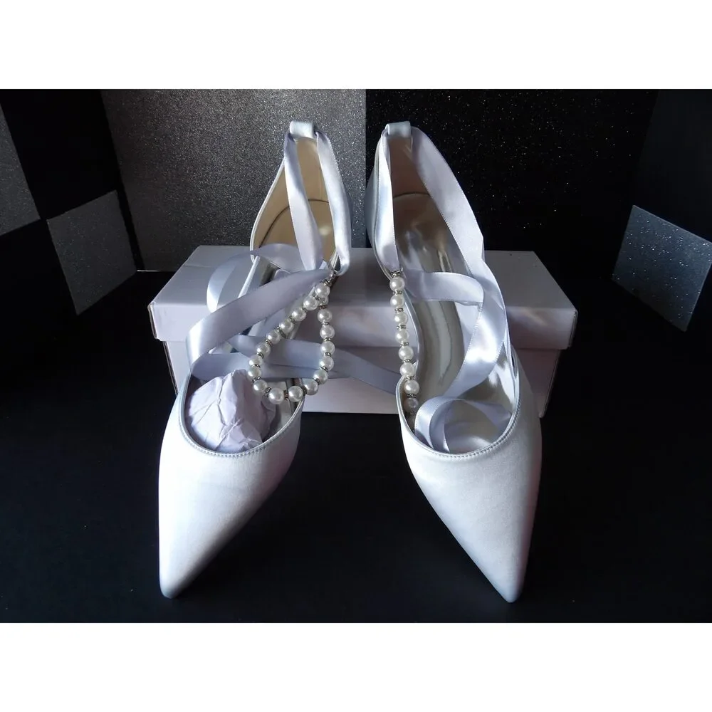 Bridal Satin Pearl Strap Flats - Light Blue (Size US Women's 8.5)